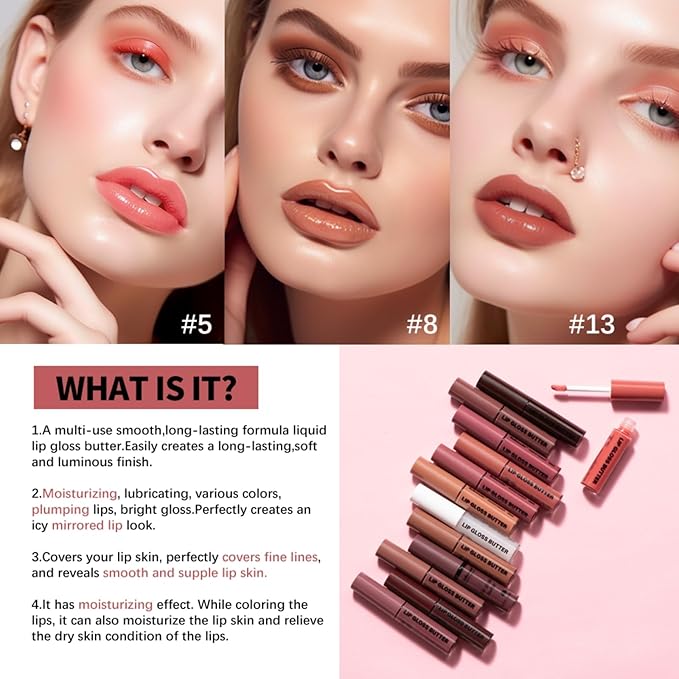 Butter Gloss Lip Gloss Set,Moisturizing Nourishing Hydrating Lip Glaze,Glass Lip Lipstick,Non-Sticky Lip Gloss,Lip Plumping Oil-Pack Of 2 (04 Oolong Milk Tea and 06 White Peach Juice)