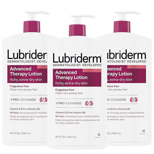 Lubriderm Advanced Therapy Fragrance-Free Moisturizing Lotion with Vitamins E and Pro-Vitamin B5, Intense Hydration for Extra Dry Skin, Non-Greasy Formula, Pack of Three, 3 x 24 fl. oz