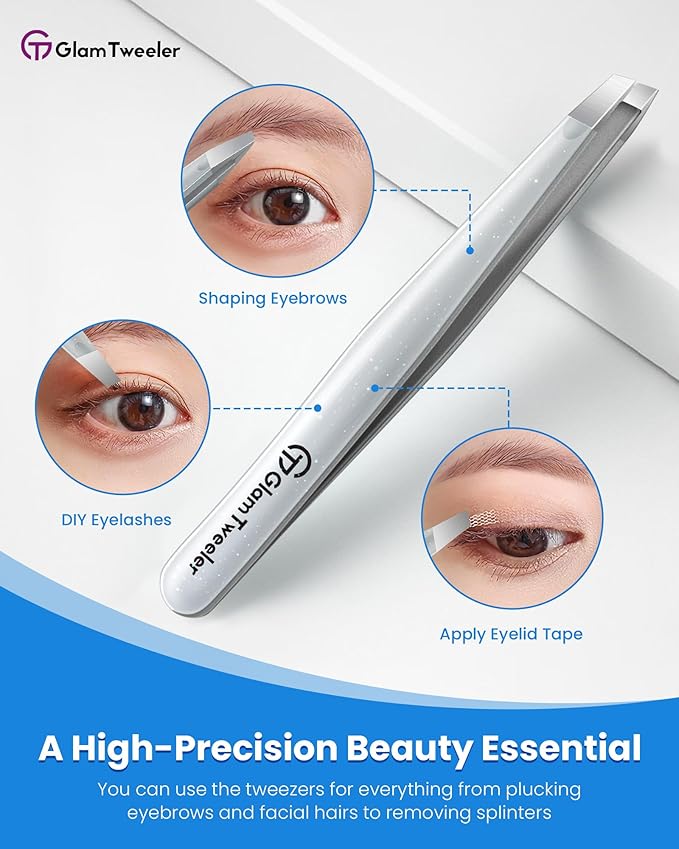 Expert Slant Tip Tweezers with Leather Case, GlamTweeler Sharp & Precision Stainless Steel Tweezer for Eyebrows, Facial Hair and Fine Hairs Removal (Sparkle Silver)