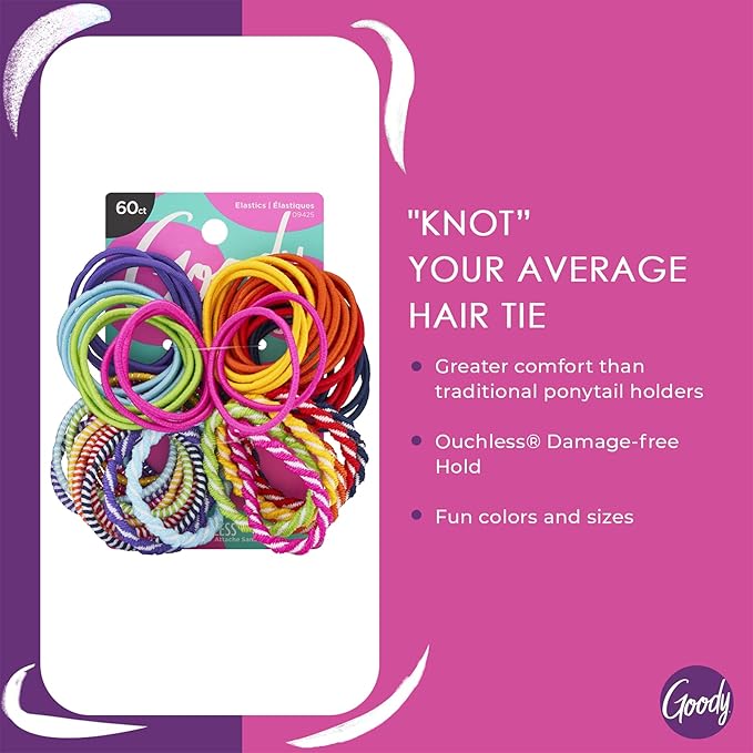 Goody Ouchless 50 Count Neutral Hair Ties and 60 Count Kids Brights or Pastels Hair Ties