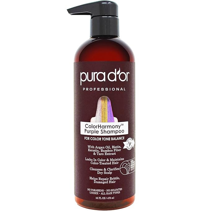 PURA D'OR 16 Oz ColorHarmony Purple Shampoo For Bleached, Blonde, Silver & Color Treated Hair - Keratin, Bamboo Fiber, No Sulfates, Select Natural Ingredients - Men & Women