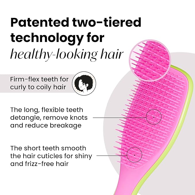 Tangle Teezer Ultimate Detangler Curly Hair Brush, Dry & Wet Hairbrush, Reduces Frizz & Breakage, for 3C to 4C Curly Hair Types, Cyber Lime & Pink