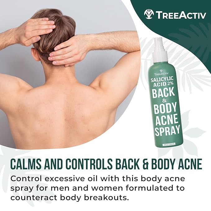 Salicylic Acid Back & Body Acne Spray, Back Acne Solution For Women And Men, Acne Body Spray with Tea Tree Oil, Fast-Drying Back Acne Spray, Fine Mist, Back Acne Treatment Spray, 4 fl oz, 2-pack