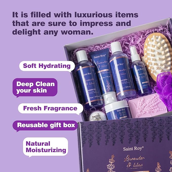 Bath and Body Gift Basket for Women and Men - Lavender Relaxing Spa Set With Massage Body Rush, Bath Bomb - Birthday Gifts for Her, Mom - Unique Self Care Idea