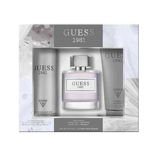 GUESS 1981 Men/Homme Eau de Toilette 3 Piece Gift Set - Cologne Spray 3.4 Fl. Oz., Deodorizing Body Spray 6.0 Oz., & Shower Gel 6.7 Fl. Oz.
