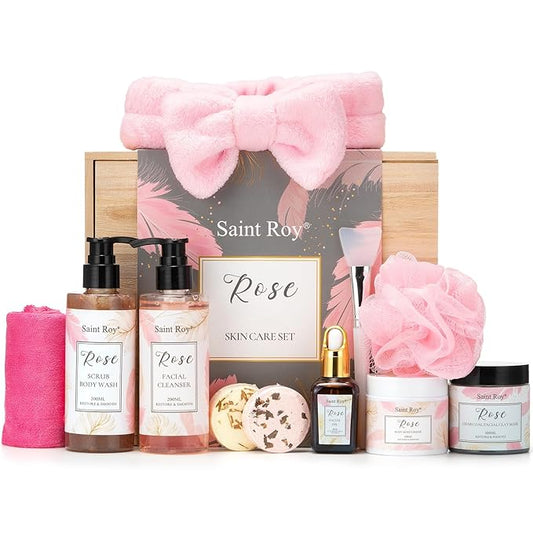 Spa Gifts for Women,10pcs Self Care Kit ROSE Scented with Facial Cleanser, Scrub Body Wash, Facial Clay Mask, Facial, Essential Oil, Birthday Gifts Skin Care Set, Mothers Day Gifts Ideas