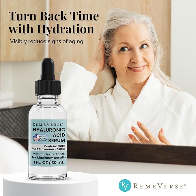 RemeVerse Hyaluronic Acid Serum - 100% Pure Formulation for Face, Lips & Décolleté - Intense Moisture for Dry Skin & Fine Lines - Wrinkle-Reducing Formula for a Youthful & Plump Appearance, 1 oz