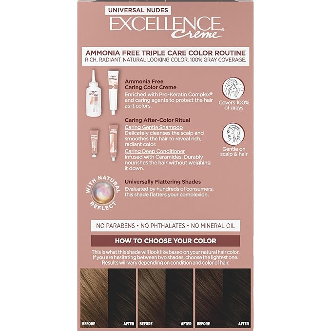 L’Oreal Paris Excellence Universal Nudes Permanent Hair Color, Ammonia Free Hair Dye for Gray Hair Coverage, 1N Natural Black, 1 Hair Dye Kit