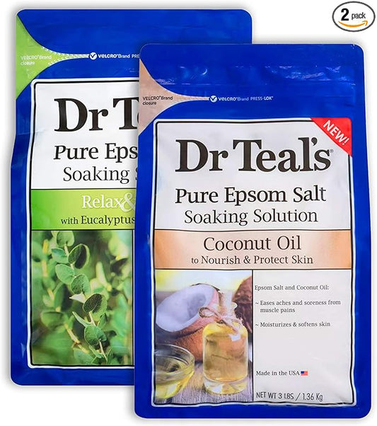 Dr Teal's Epsom Salt Bath Variety Gift Set (2 Pack, 3lb Ea) - Relax & Relief Eucalyptus & Spearmint, Nourish & Protect Coconut - Essential Oils & Pure Epsom Salt