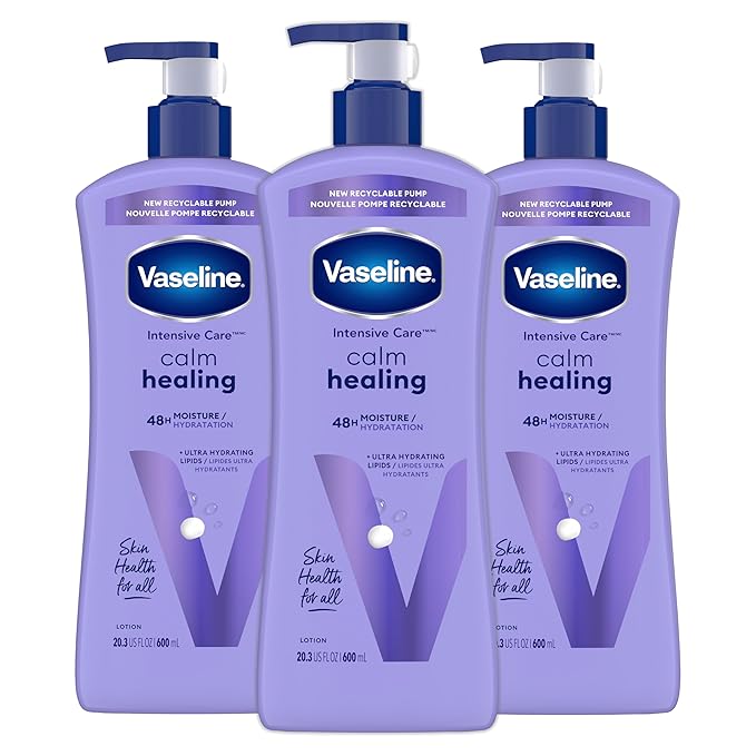 Vaseline Intensive Care Calm Healing Body Lotion 3 count for Dry Skin Made with Ultra-Hydrating Lipids and Lavender Extract to Heal and Restore Dry Skin 20.3 oz
