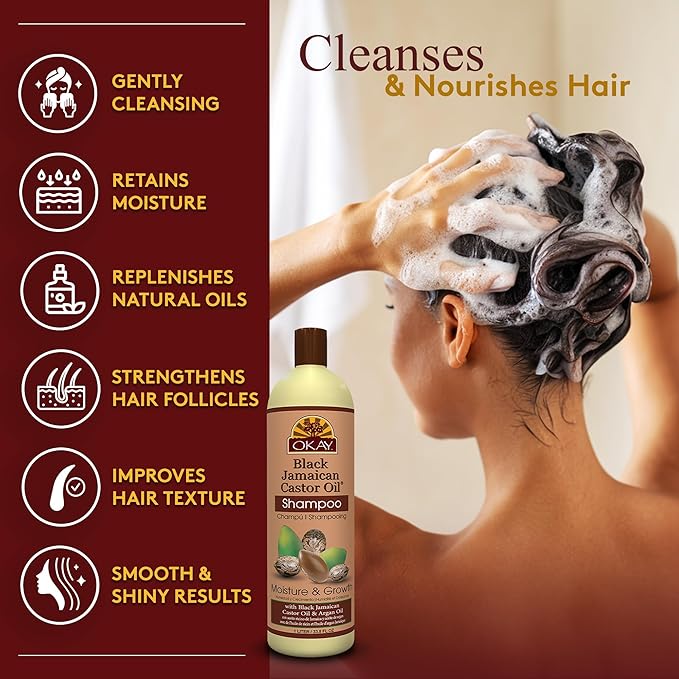 Okay Black Jamaican Castor Oil Shampoo - Jamaican Castor Shampoo for Hair Growth, Natural Moisturizing Shampoo to Strengthen & Restore Damaged Hair for Women and Men - 33 Oz