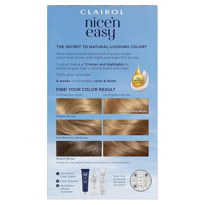 Clairol Nice'n Easy Permanent Hair Dye, 8G Medium Golden Blonde Hair Color, Pack of 1