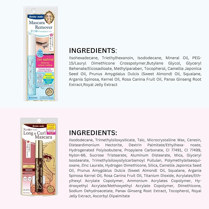 HEROINE MAKE by KISSME Mascara Duo Set | 2 Full-Size - Waterproof & Lengthening & Volume Fiber Tubing Mascara Brown + Gentle Eye Makeup Remover for Waterproof Mascara, Fast-Acting Cleanser