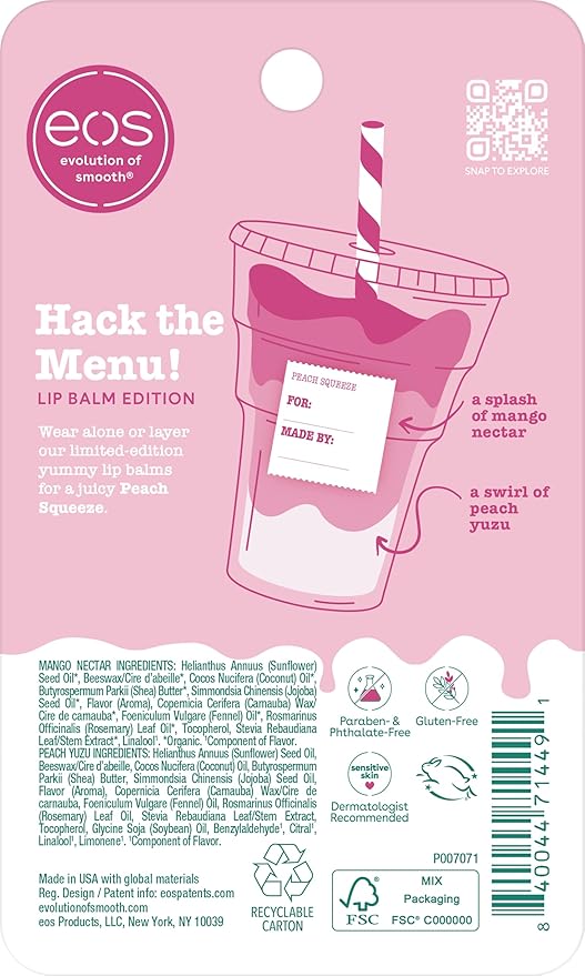 eos Flavor Lab Secret Menu Lip Balm - Peach Yuzu, Limited-Edition, Moisturizing, Hydrating, Dry Lips, Variety Pack, 0.14 oz, 2-Pack