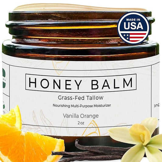 Tallow and Honey Balm, Organic Body Butter, Grass-Fed Beef Tallow for Skin, Soothing All-Natural Moisturizer for Body and Face | Made in USA - 2 oz (Vanilla Orange)