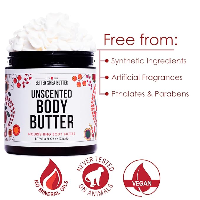 Whipped Body Butter for Dry Skin, UNSCENTED Rich Body Moisturizer with Raw Shea Butter | Body Lotion for Sensitive Skin, Paraben Free, No Synthetic Fragrances, Non Greasy Body Cream | 8 oz