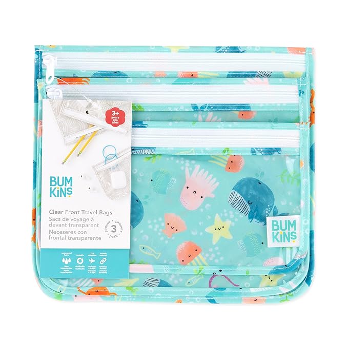 Bumkins Travel Bag, Toiletry, TSA Approved Pouch, Zip Bag, Quart Size Airline Compliant, Clear-Sided, Baby, Diaper Bag Organization, Makeup, Accessories, Packing, Set of 3 Sizes, Ocean Life Blue