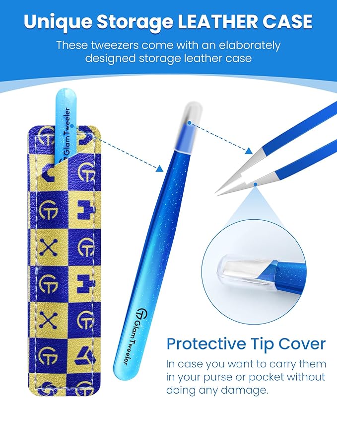 Expert Slant Tip Tweezers with Leather Travel Case, GlamTweeler Sharp & Precision Stainless Steel Tweezer for Eyebrows, Facial Hair and Fine Hairs Removal (Sparkle Royal Blue & Aqua)