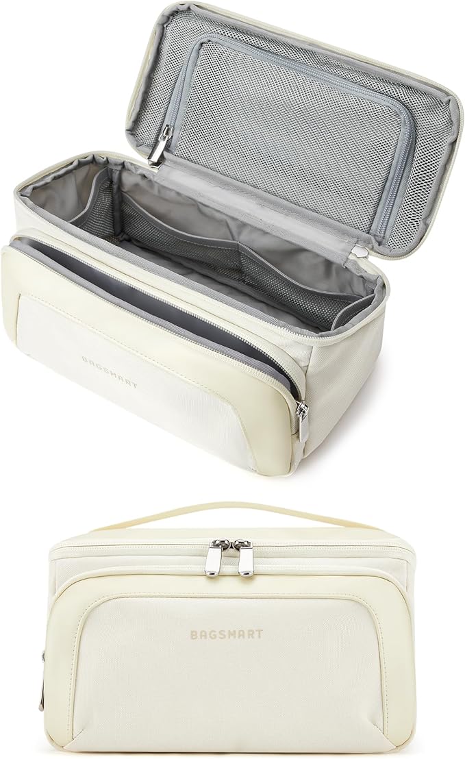 BAGSMART Toiletry Bag for Women, Cosmetic Makeup Bag Organizer with Handle, Travel Bag for Toiletries, Dopp Kit Water-resistant Shaving Bag for Accessories-Beige
