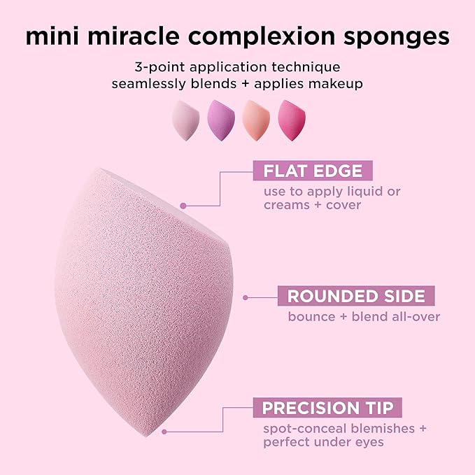 Real Techniques Mini Miracle Complexion Sponge 4 Pack, Small Makeup Blending Sponges, For Foundation & Concealer, Mini Size for Under Eyes & Touch-Ups, Travel Friendly, Natural Makeup, Latex-Free