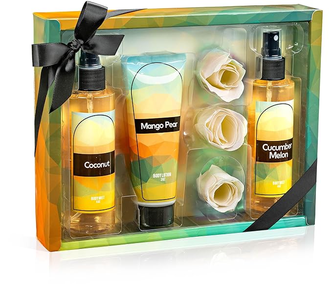 Fine Fragrance Body Mist & Body Splash Gift Set – Luxury Self-Care Combo for Women and Girls (Coconut, Cucumber, Mango Pear, Rose Soap) Mother’s Day Gift for Mom