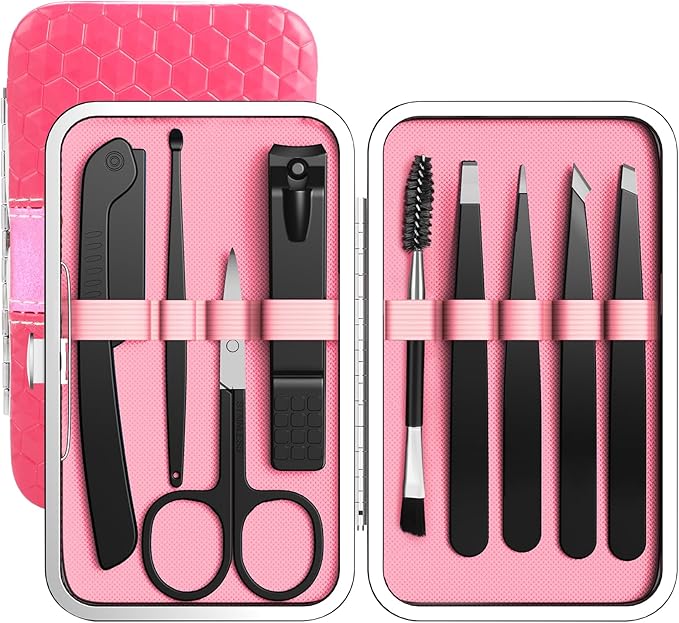 Tweezers Set, Hyxhappy 9 pcs Professional Stainless Steel Tweezer Kit for Women Facial Hair, Precision Plucke Tweezers with Luxurious Travel Case for Ingrown Hair Removal