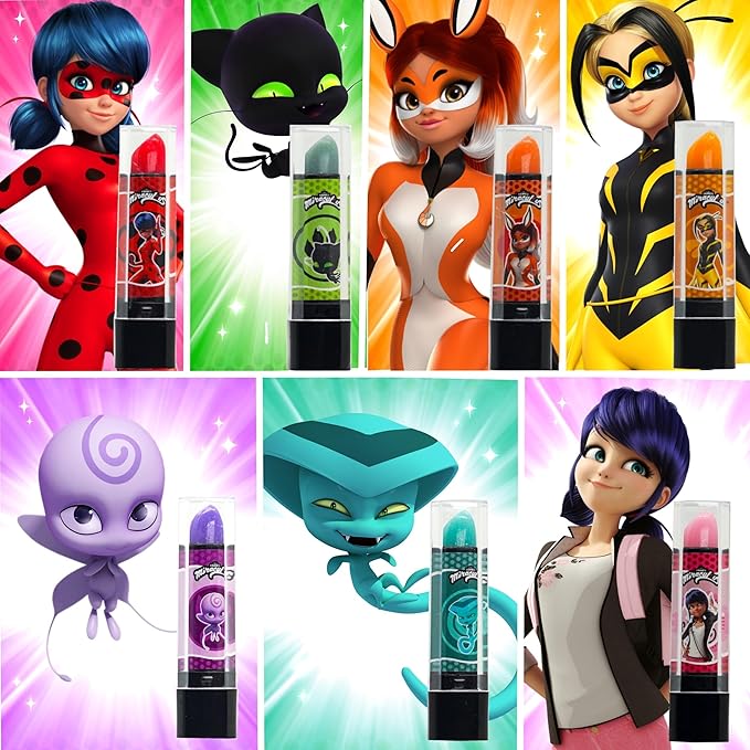 Miraculous Ladybug Cosmetic Lipstick Set - 7 Fruit Scented Color-Changing Lipsticks for Kids - Transforming Lipsticks Turn Pink - Magic Lipsticks Gift Set - Safe & Fun Makeup Kit