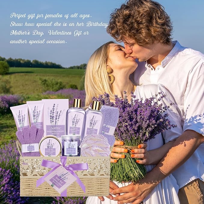 Luxury Bath & Body Set For Women LAVENDER & HONEY Large Spa Basket 13Pcs Luxurious Bath Spa Kit for women, Mother Day Gifts Perfect Spa Kit Bath Gift Set Spa Day Gifts Birthday Gift Baskets for Women