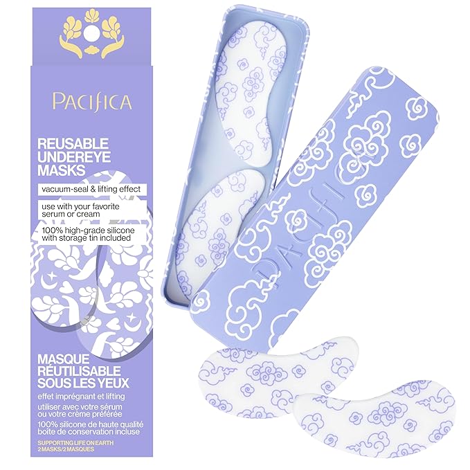 Pacifica Reusable Mask – Under Eye Mask Silicone Face Mask for Fine Lines & Dark Circles, Pair with Serum, Storage Tin Included, Vegan & Cruelty-Free, 2 Pieces