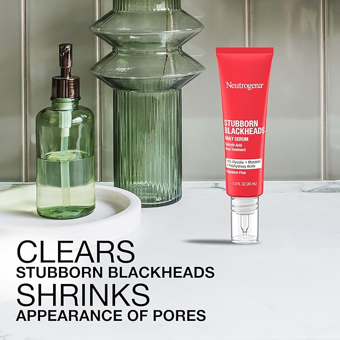 Neutrogena Stubborn Blackheads Daily Acne Facial Serum with Salicylic, Glycolic, Polyhydroxy & Mandelic Acids, Oil-Free Face Serum for Acne-Prone Skin to Help Clear Clogged Pores, 1 fl. oz