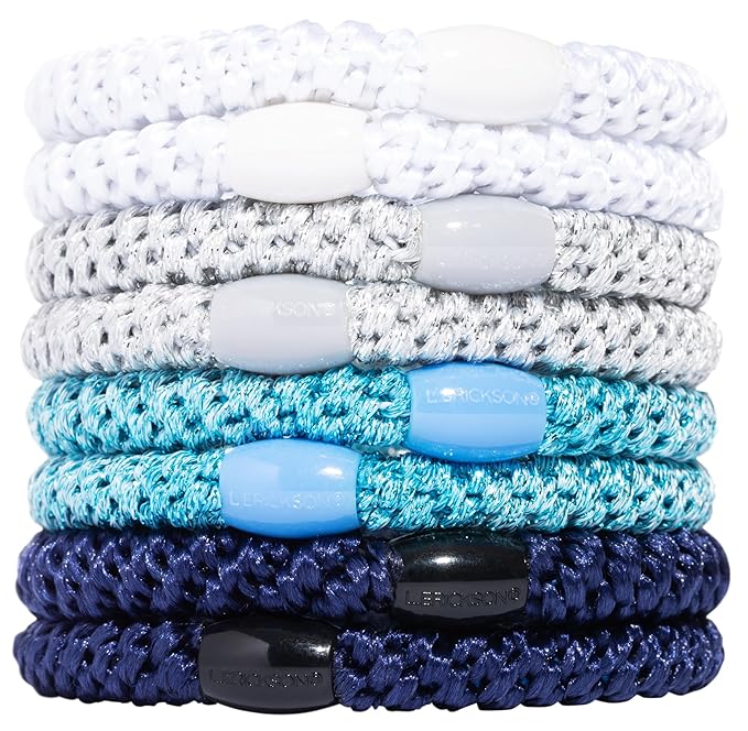 L. Erickson Grab & Go Pony - Blue Glow - 8 Pack Ponytail Holder Hair Ties - Mixed Blue and White