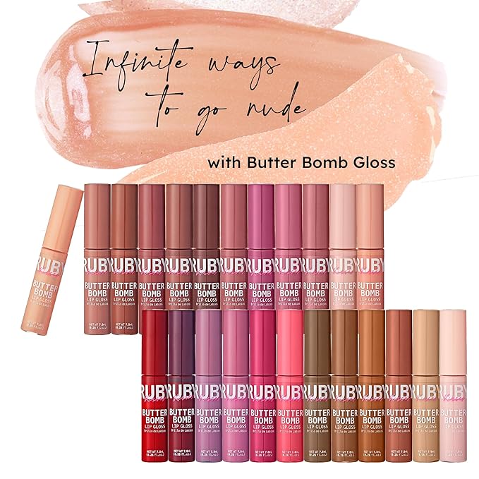 Ruby Kisses Lip Gloss Butter Bomb Gloss Non-Sticky Lip Gloss Vitamin E Natural Nude Lip Makeup - 7.8mL (0.26 US fl.oz) (Champagne)