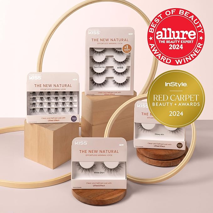 KISS The New Natural, False Eyelashes, 'Wide Slacks', 12 mm, Includes 4 Pairs Of Lashes, Contact Lens Friendly, Easy to Apply, Reusable Strip Lashes