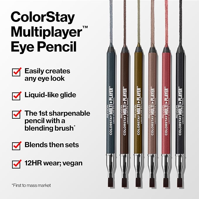 REVLON ColorStay Multiplayer Liquid-Glide Eye Pencil, Multi-Use Eye Makeup With Blending Brush, Blends Then Sets, Creamy Texture, Waterproof, Smudge-proof, Longwearing, 406 Queen of Hearts, 0.03 oz