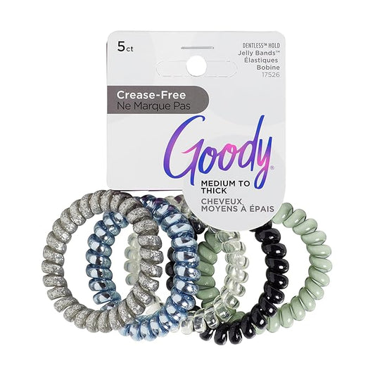 Goody Dentless Spiral Hair Ties, Cool Tones Phone Cord Coils - 5 Ct, Secure Hold Jelly Bands for Medium-Thick Hair for Women & Men