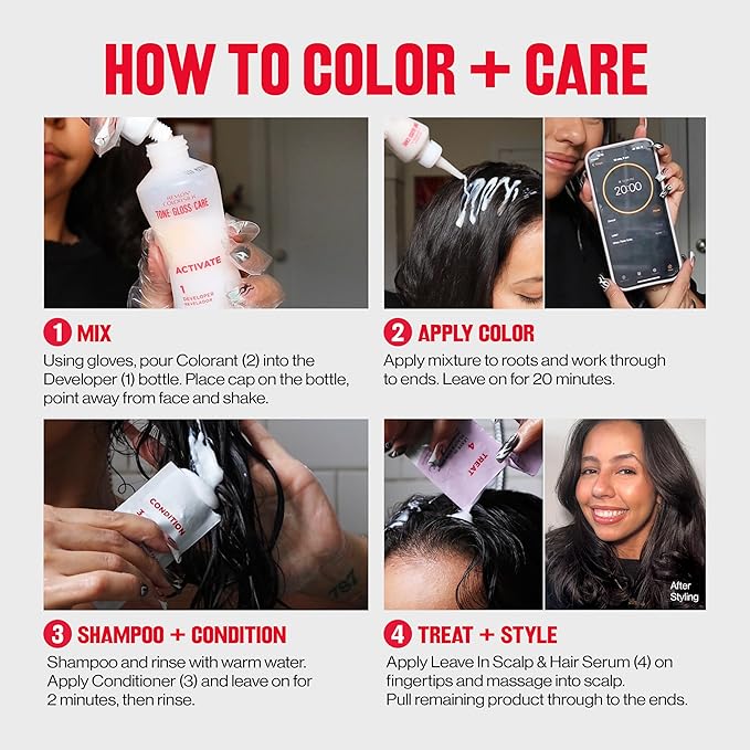 Revlon ColorSilk Tone + Gloss + Care Demi Permanent Hair Color, Dye Kit with Leave-In Scalp and Haircare Serum, 2x Shinier, 4x Stronger, 1 Black, 4.5 fl oz