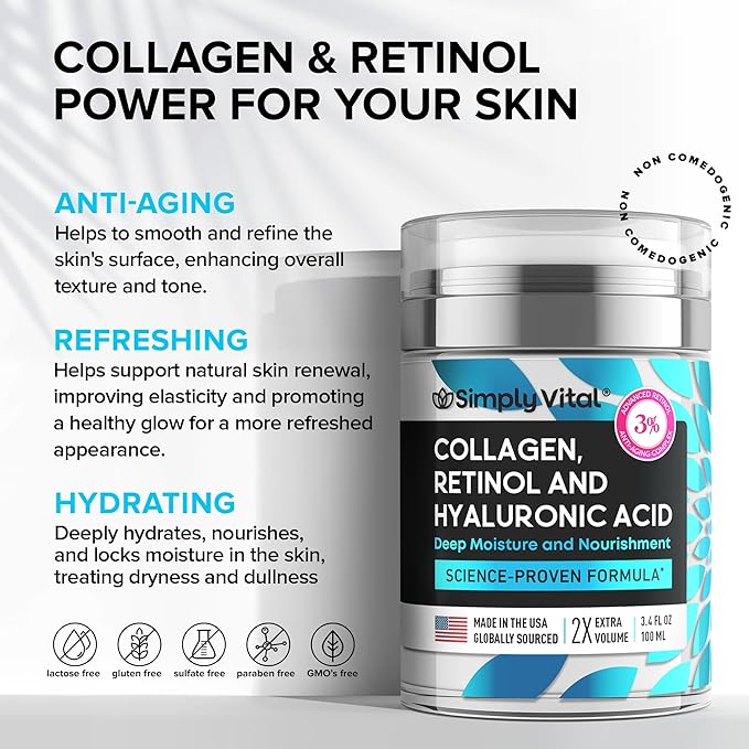 SimplyVital Collagen, Retinol & Hyaluronic Acid Cream - Anti-Aging Retinol Cream for Face, Neck & Décolleté - Made in USA - Daily Moisturizer Face Cream - 3,38 fl oz