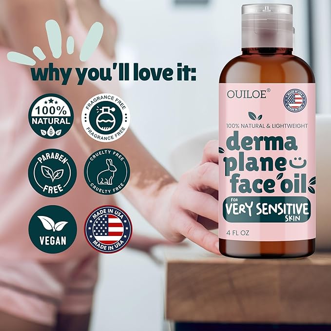 Dermaplane Oil for Women with Very Sensitive Skin - Lightweight Face Shaving Oil, Natural Facial Shave Oil - Use with a Dermaplaning Tool, Razor, Shaver or Microblade for Close Shave 4oz by Ouiloe