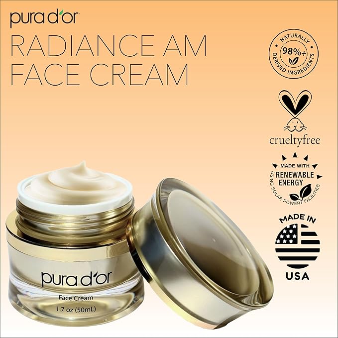 PURA D'OR 1.7 Oz Radiant Glow AM Face Cream - Methylene Blue, Polyphenols, Flavonoids, Apple Stem Cell Extract - Aloe Vera Base Anti-Aging Morning Moisturizer - Daily Facial Treatment For Women & Men