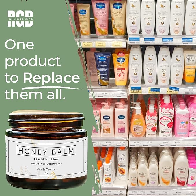 Tallow and Honey Balm, Organic Body Butter, Grass-Fed Beef Tallow for Skin, Soothing All-Natural Moisturizer for Body and Face | Made in USA - 2 oz (Vanilla Orange)