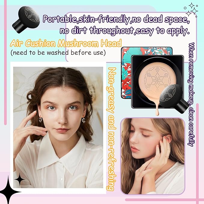Air Cushion CC Cream Mushroom Head Foundation,Waterproof Long Makeup Sponge(4PCS)
