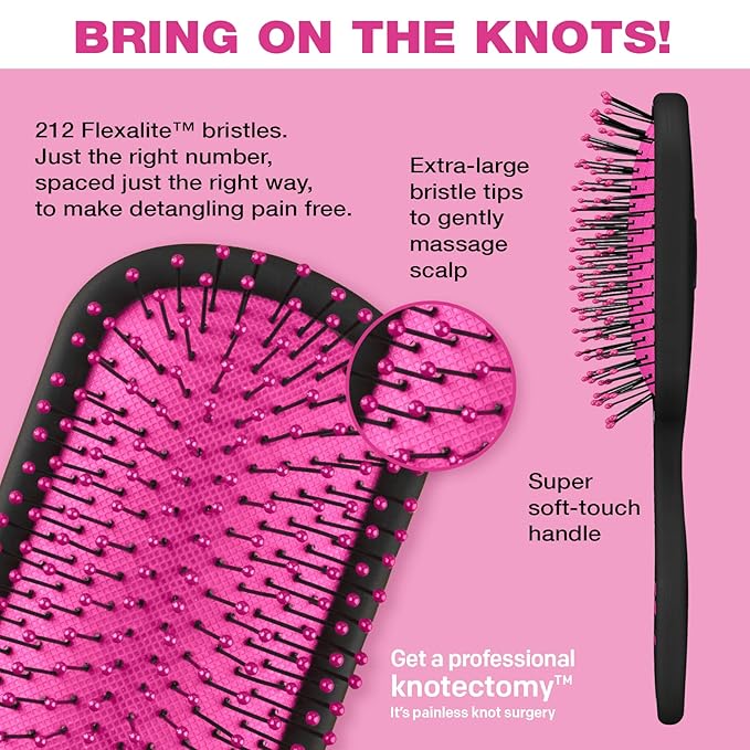 The Knot Dr. hair brush by Conair - Detangling hair brush - Removes Knots and Tangles in wet or dry hair- Black Neon w/Travel Case - Pink