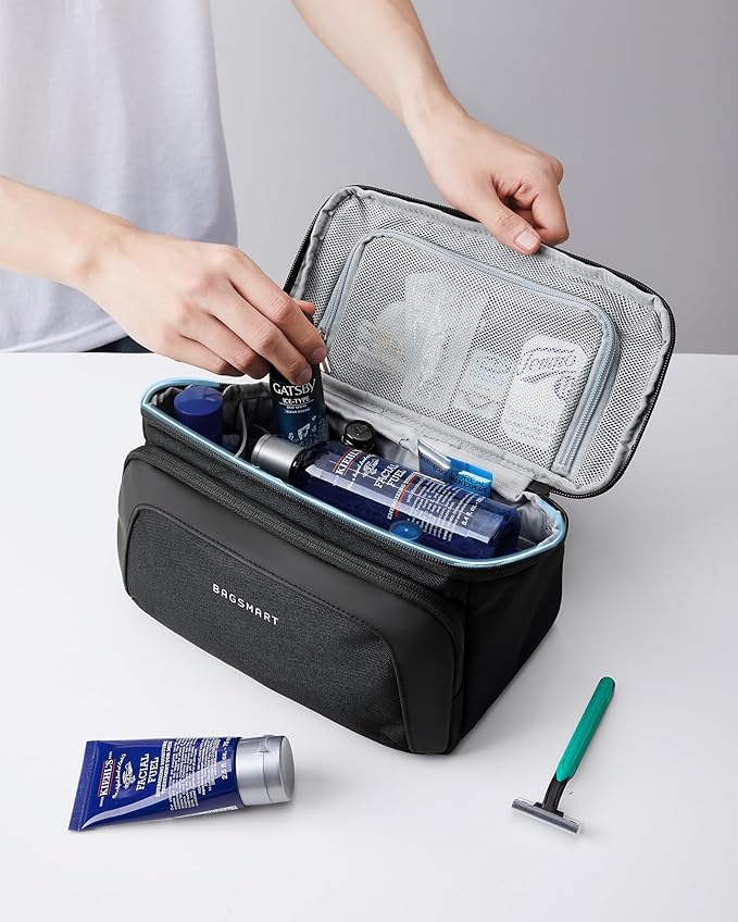 BAGSMART Toiletry Bag for Men, Wide Opening Travel Bag for Toiletries, Dopp Kit Water Resistant Shaving Hygiene Bag for Bathroom Shower, Toiletries Accessories,Travel Essentials (Navy Blue)