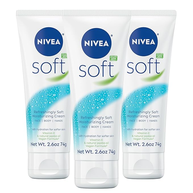 NIVEA Soft Refreshingly Soft Moisturizing Cream, Lightweight Moisturizer for Face, Body and Hands, Body Cream Enriched with Jojoba Oil and Vitamin E, 2.6 Oz Tube, Pack of 3