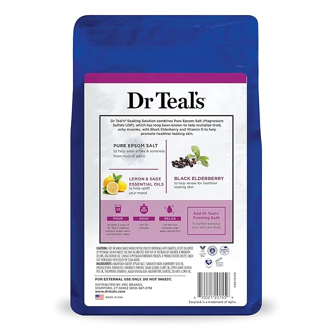 Dr Teal's Epsom Salt Magnesium Soak, Black Elderberry with Vitamin D, 3 lbs (Pack of 4)