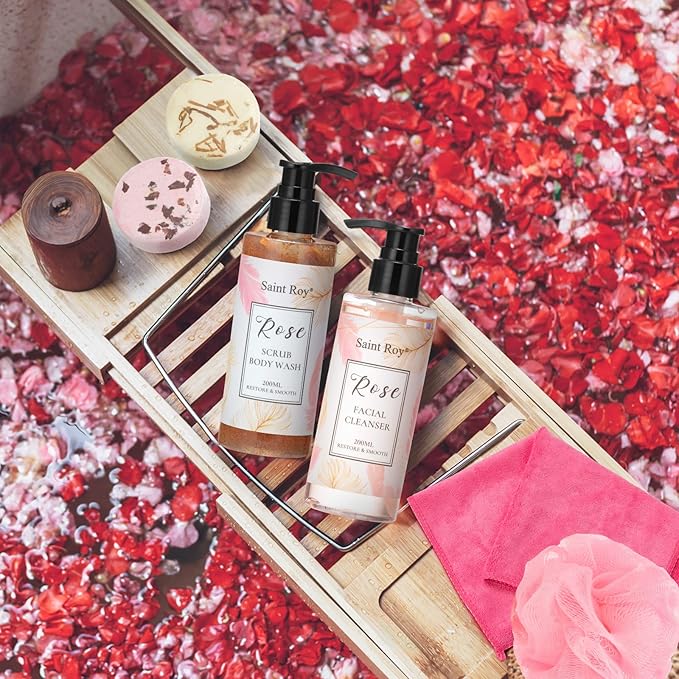 Spa Gifts for Women,10pcs Self Care Kit ROSE Scented with Facial Cleanser, Scrub Body Wash, Facial Clay Mask, Facial, Essential Oil, Birthday Gifts Skin Care Set, Mothers Day Gifts Ideas