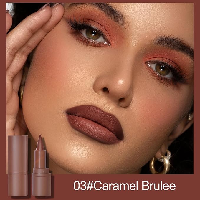 Erinde 2-in-1 Lip Liner and Lipstick Lip Combo Set, Matte Nude Dark Brown Red Lip Liner Creamy Lip Pencil Crayon, High Pigmented Long lasting Lipstick Makeup, 03# Caramel Brulee