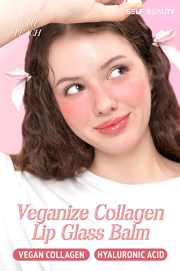 SELF BEAUTY Veganize Collagen Lip Glass Balm | Hydrating Lip Balm in 9 Vibrant Colors | Moisturizing Lip Care Infused with Collagen Jelly Magic | No Animal Trial Lip Balm 0.06 oz (#4 Light Peach)