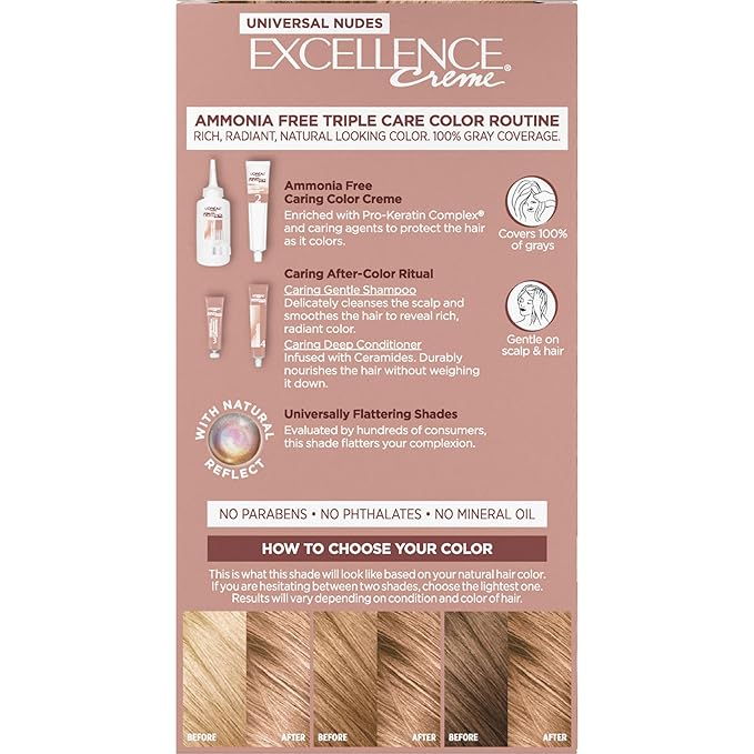 L’Oreal Paris Excellence Universal Nudes Permanent Hair Color, Ammonia Free Hair Dye for Gray Hair Coverage, 8N Natural Blonde, 1 Hair Dye Kit