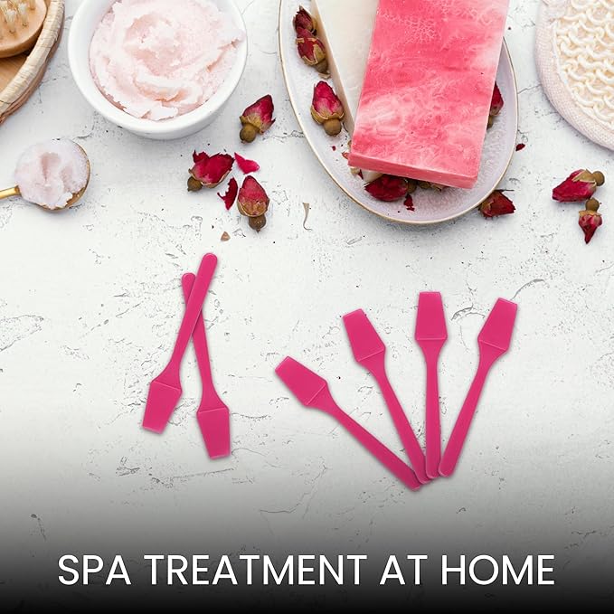 PANA 100pcs Brand Cosmetic Make Up Disposable Plastic 2.5" Spatulas Skin Care Facial Cream Mask Spatula (100 Pieces in a Container) (PINK)